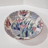 Vintage Japanese Ayame 6 Inch Porcelain Bowl with Pink, Blue, and Gold Iris Floral Design