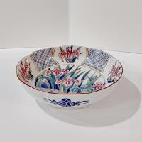 Vintage Japanese Ayame 6 Inch Porcelain Bowl with Pink, Blue, and Gold Iris Floral Design