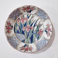 Vintage Japanese Ayame 6 Inch Porcelain Bowl with Pink, Blue, and Gold Iris Floral Design