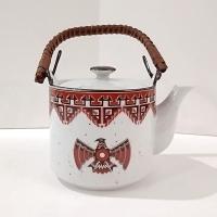 Vintage Southwestern Aztec Ceramic Teapot with Wicker Wrapped Wire Handle