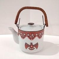 Vintage Southwestern Aztec Ceramic Teapot with Wicker Wrapped Wire Handle