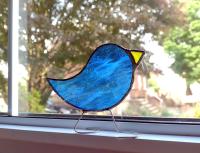 Stained Glass Standing Bird, Blue and White Wispy