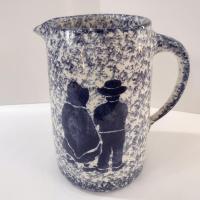 Vintage Large Blue and White Spongeware Ceramic Pitcher with Amish Couple Silhouette Design, Flower Vase