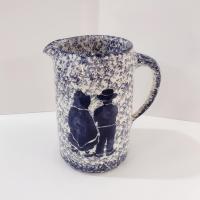 Vintage Large Blue and White Spongeware Ceramic Pitcher with Amish Couple Silhouette Design, Flower Vase