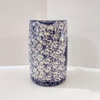 Vintage Large Blue and White Spongeware Ceramic Pitcher with Amish Couple Silhouette Design, Flower Vase