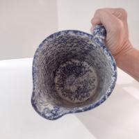 Vintage Large Blue and White Spongeware Ceramic Pitcher with Amish Couple Silhouette Design, Flower Vase