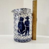 Vintage Large Blue and White Spongeware Ceramic Pitcher with Amish Couple Silhouette Design, Flower Vase