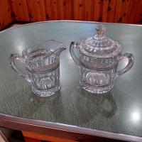 Antique Indiana Glass Covered Sugar Bowl and Creamer Set, Star Band Pattern