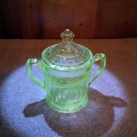 Antique Indiana Glass Covered Sugar Bowl and Creamer Set, Star Band Pattern