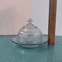 Antique Indiana Glass Round Covered Butter Dish, Star Band Pattern, EAPG Glassware