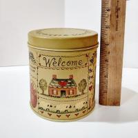 Vintage Helen Barrick Folk Art Round Tin, Welcome Home Country Cottage Storage Tin