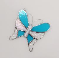Stained Glass Butterfly Suncatcher, Aqua Blue and Iridescent Clear Cathedral Glass, Custom Colors Available