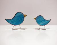 Momma and Baby Stained Glass Standing Birds Set, Blue Iridescent, Custom Colors Available