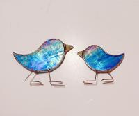 Momma and Baby Stained Glass Standing Birds Set, Blue Iridescent, Custom Colors Available