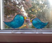 Momma and Baby Stained Glass Standing Birds Set, Blue Iridescent, Custom Colors Available
