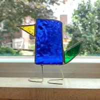 Stained Glass Standing Bird, Funky Turquoise Blue and Green Glass Bird Suncatcher, Bird Lover Gift, Windowsill Sitter