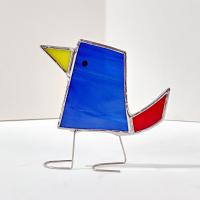Stained Glass Standing Bird, Funky Blue and Red Glass Bird Suncatcher, Bird Lover Gift, Windowsill Sitter