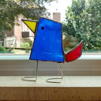 Stained Glass Standing Bird, Funky Blue and Red Glass Bird Suncatcher, Bird Lover Gift, Windowsill Sitter