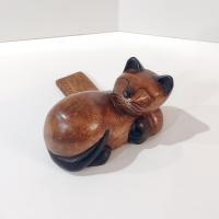 Hand Carved Wooden Sleeping Cat Book End Shelf Sitter, Cat Nap Kitten Figurine
