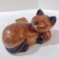Hand Carved Wooden Sleeping Cat Book End Shelf Sitter, Cat Nap Kitten Figurine