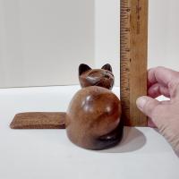 Hand Carved Wooden Sleeping Cat Book End Shelf Sitter, Cat Nap Kitten Figurine