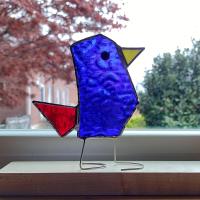 Stained Glass Standing Bird, Funky Glass Bird, Blue and Red Bird Suncatcher