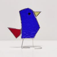 Stained Glass Standing Bird, Funky Glass Bird, Blue and Red Bird Suncatcher