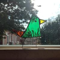 Stained Glass Standing Bird, Funky Glass Bird, Green Bird Suncatcher