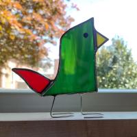Stained Glass Standing Bird, Funky Glass Bird, Green and Red Bird Suncatcher