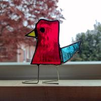 Stained Glass Standing Bird, Funky Glass Bird, Red and Blue Bird Suncatcher