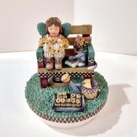 Vintage Our America Debbie Mumm Resin Jar Candle Topper, Girl on a Bench with a Kitty Cat and Flowers