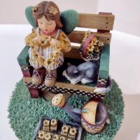 Vintage Our America Debbie Mumm Resin Jar Candle Topper, Girl on a Bench with a Kitty Cat and Flowers