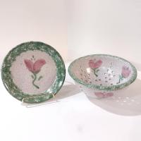 Vintage Ceramic Hand Painted Floral Green Spongeware Berry Bowl and Plate Set, Small Ceramic Colander / Strainer