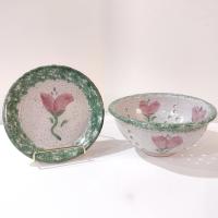 Vintage Ceramic Hand Painted Floral Green Spongeware Berry Bowl and Plate Set, Small Ceramic Colander / Strainer