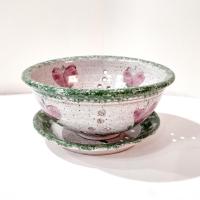 Vintage Ceramic Hand Painted Floral Green Spongeware Berry Bowl and Plate Set, Small Ceramic Colander / Strainer