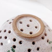 Vintage Ceramic Hand Painted Floral Green Spongeware Berry Bowl and Plate Set, Small Ceramic Colander / Strainer