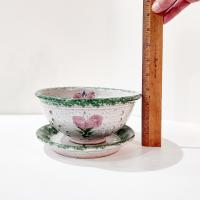 Vintage Ceramic Hand Painted Floral Green Spongeware Berry Bowl and Plate Set, Small Ceramic Colander / Strainer