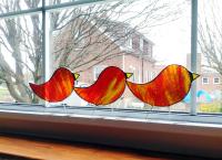 Stained Glass Standing Bird, Fire Bird with Yellow Beak