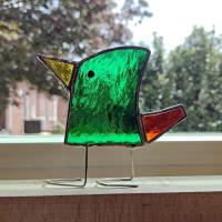 Stained Glass Standing Bird, Funky Green and Orange Glass Bird Suncatcher, Bird Lover Gift, Windowsill Sitter