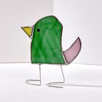 Stained Glass Standing Bird, Funky Green and Pink Glass Bird Suncatcher, Bird Lover Gift, Windowsill Sitter