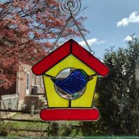 Stained Glass Bird House with Blue Bird Suncatcher