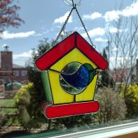 Stained Glass Bird House with Blue Bird Suncatcher
