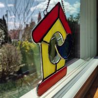 Stained Glass Bird House with Blue Bird Suncatcher