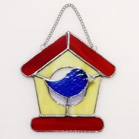 Stained Glass Bird House with Blue Bird Suncatcher