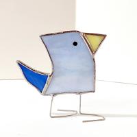 Stained Glass Standing Bird, Funky Glass Bird, Blue Iridescent Bird Suncatcher, Windowsill Sitter Free Standing Bird