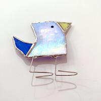 Stained Glass Standing Bird, Funky Glass Bird, Blue Iridescent Bird Suncatcher, Windowsill Sitter Free Standing Bird