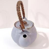 Vintage Blue Japanese Banko Ware Teapot with Cherry Blossom Design and Wicker Handle