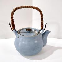 Vintage Blue Japanese Banko Ware Teapot with Cherry Blossom Design and Wicker Handle