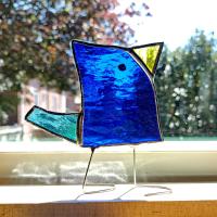 Stained Glass Standing Bird, Funky Blue Glass Bird Suncatcher, Bird Lover Gift