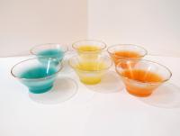 Vintage Blendo Glass Bowls, Set of Six, Aqua Blue, Orange, and Yellow Frosted